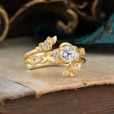 Floral Themed 4 Prong Round Lab Diamond Wedding Ring Set